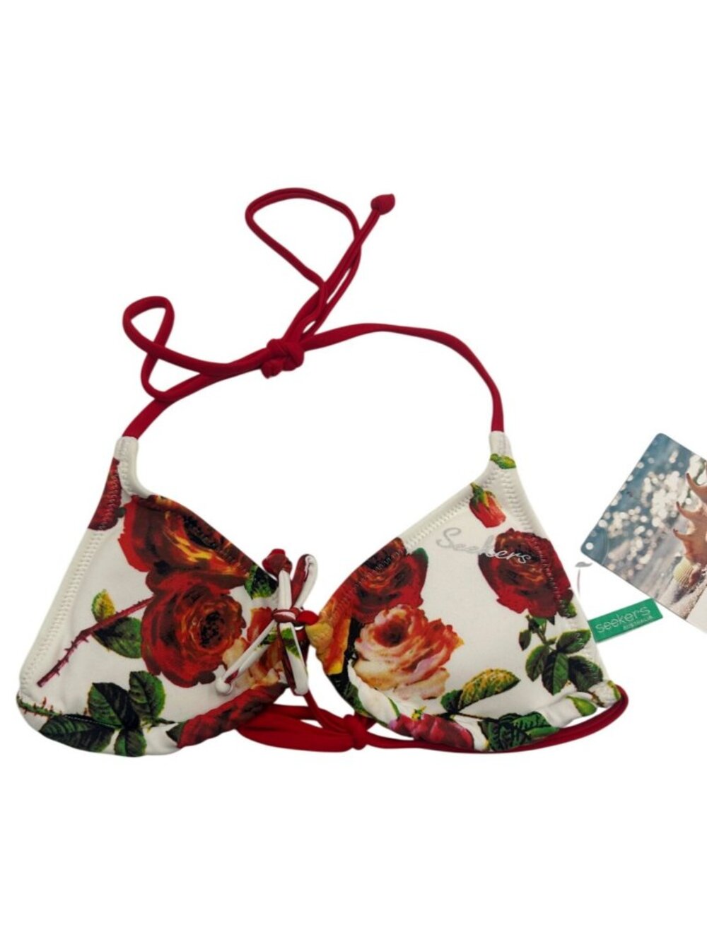Seekers Floral Bikini Top XS White & Red Rose Print Adjustable Halter Swimwear